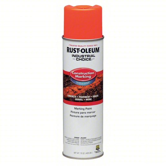 A 17 oz can of Rust-Oleum M1400 Construction Marking Paint from Rust-Oleum, featuring an orange cap and a water-based formula for marking concrete, pavement, grass, and more.
